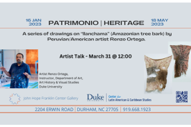 flyer for Patrimonio artist talk, photo of Renzo Ortega